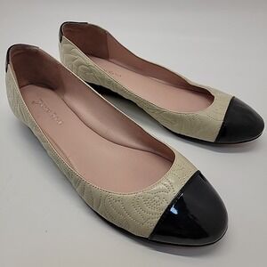 TARYN ROSE Beige Black Cap Toe Ballet Flat Shoes Womens Sz 9.5 Quilted Leather